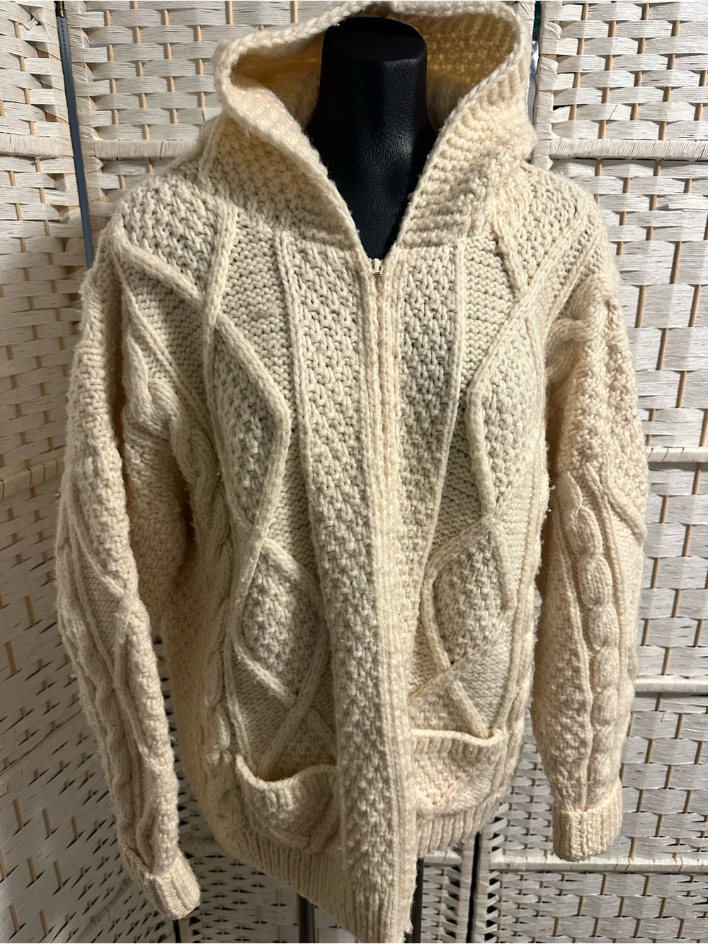 Cream Hooded Cable Knit Zip Sweater